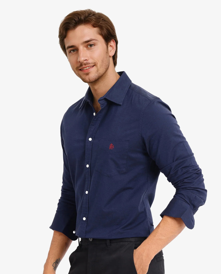 Rare Rabbit Men's Oxo Navy Cotton Blend Plain Regular Fit Full Sleeve Collared Shirt