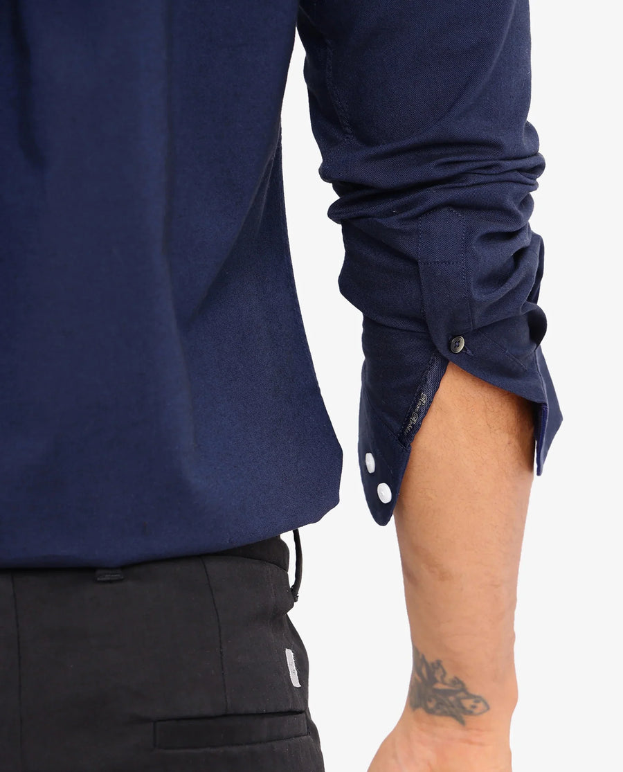 Rare Rabbit Men's Oxo Navy Cotton Blend Plain Regular Fit Full Sleeve Collared Shirt
