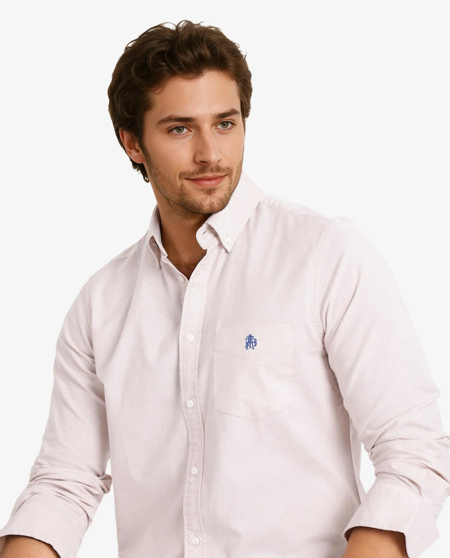 Rare Rabbit Men's Oxob Beige Cotton Blend Plain Regular Fit Full Sleeve Collared Shirt