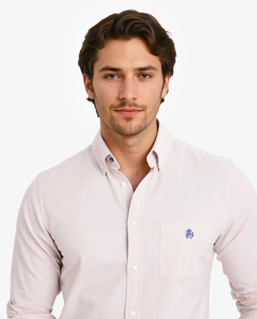 Rare Rabbit Men's Oxob Beige Cotton Blend Plain Regular Fit Full Sleeve Collared Shirt
