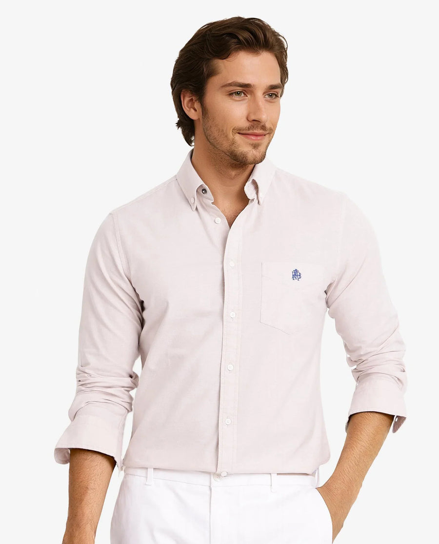 Rare Rabbit Men's Oxob Beige Cotton Blend Plain Regular Fit Full Sleeve Collared Shirt