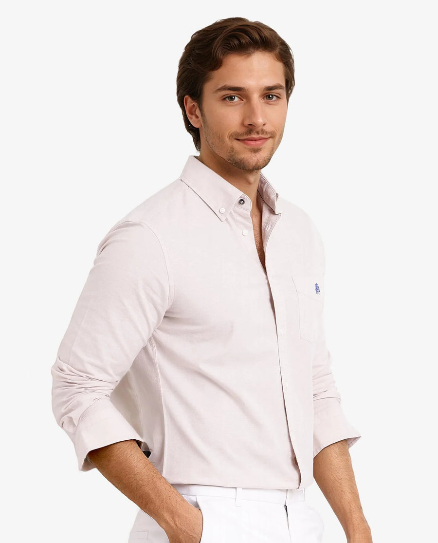 Rare Rabbit Men's Oxob Beige Cotton Blend Plain Regular Fit Full Sleeve Collared Shirt