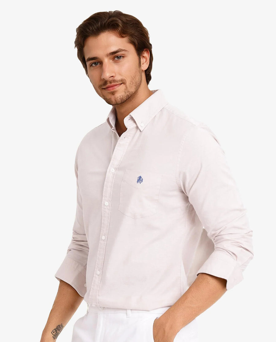Rare Rabbit Men's Oxob Beige Cotton Blend Plain Regular Fit Full Sleeve Collared Shirt