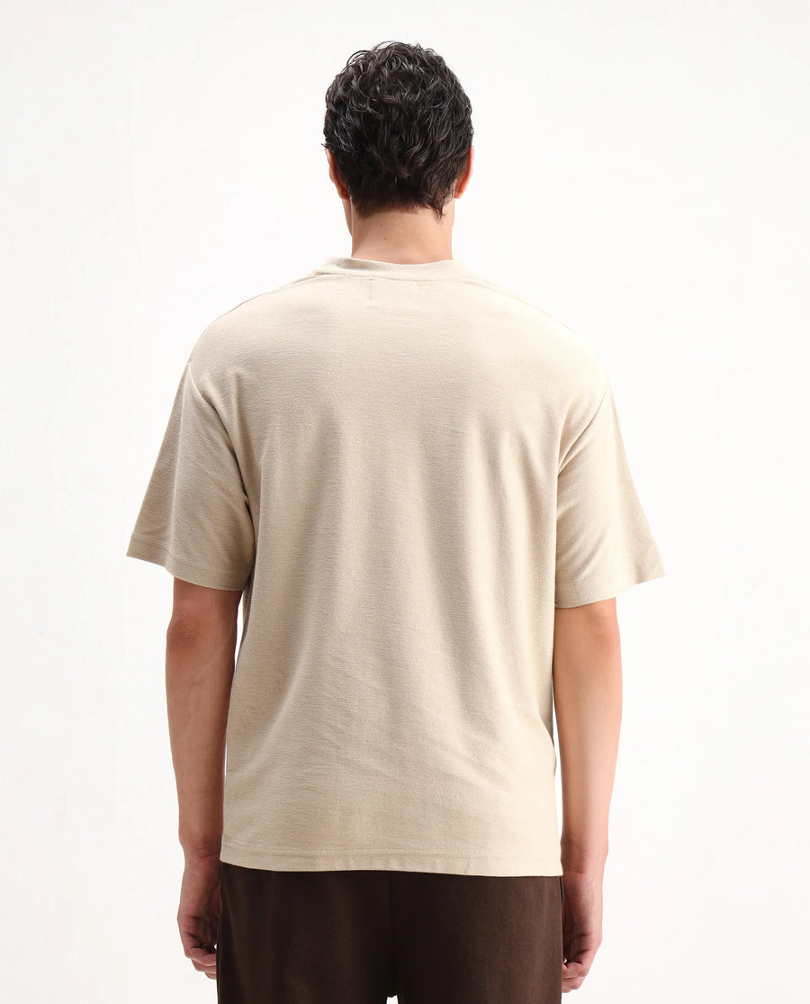 Rare Rabbit Men's Oxo Beige Cotton Embroidered Oversized Fit Half Sleeve Crew Neck T-Shirt