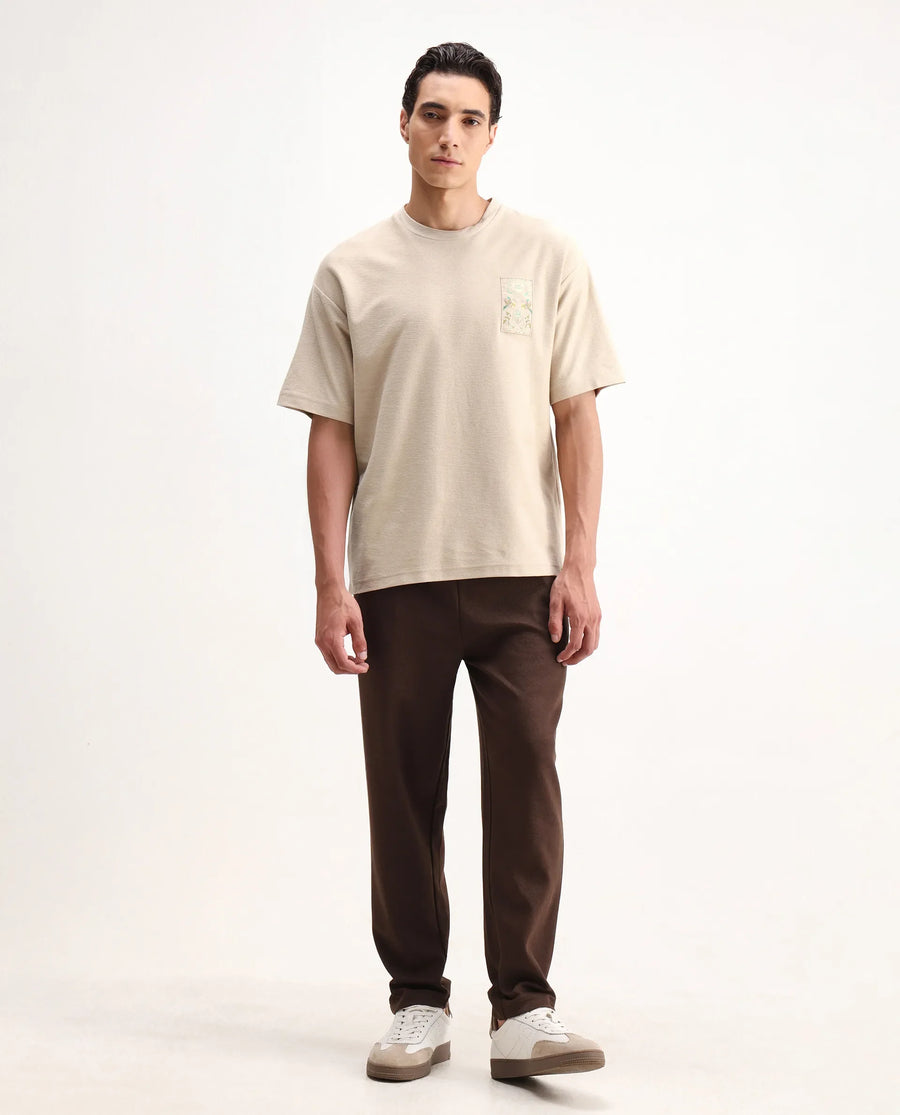 Rare Rabbit Men's Oxo Beige Cotton Embroidered Oversized Fit Half Sleeve Crew Neck T-Shirt
