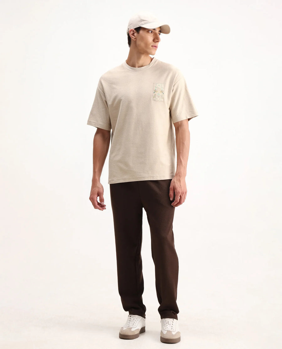 Rare Rabbit Men's Oxo Beige Cotton Embroidered Oversized Fit Half Sleeve Crew Neck T-Shirt