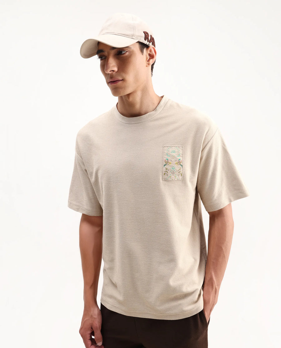 Rare Rabbit Men's Oxo Beige Cotton Embroidered Oversized Fit Half Sleeve Crew Neck T-Shirt