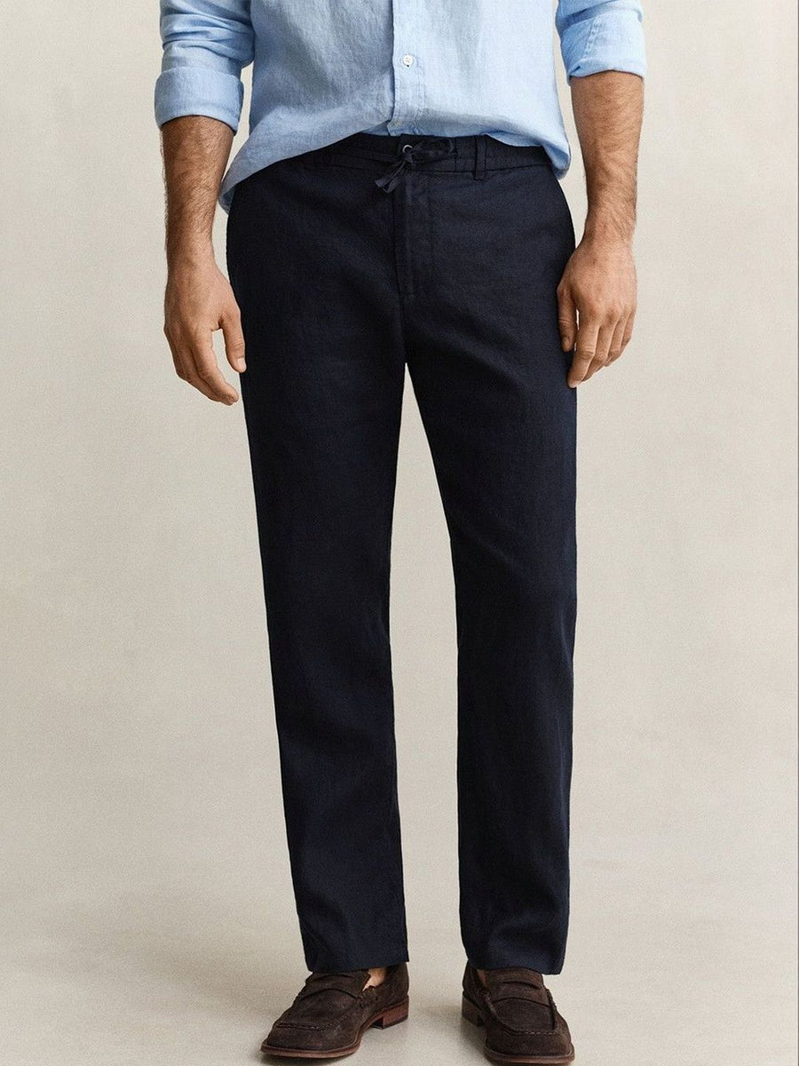 Gant Men Navy Blue Solid Regular Fit Pure Linen Trouser