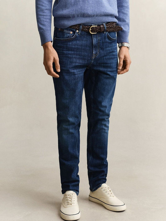 Gant Men Navy Blue Solid Stretchable Slim Fit Jeans