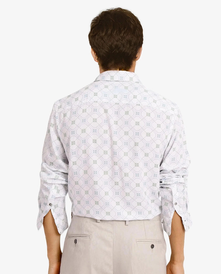 Rare Rabbit Men's Paide White Viscose Geometric Print Regular Fit Full Sleeve Collared Shirt