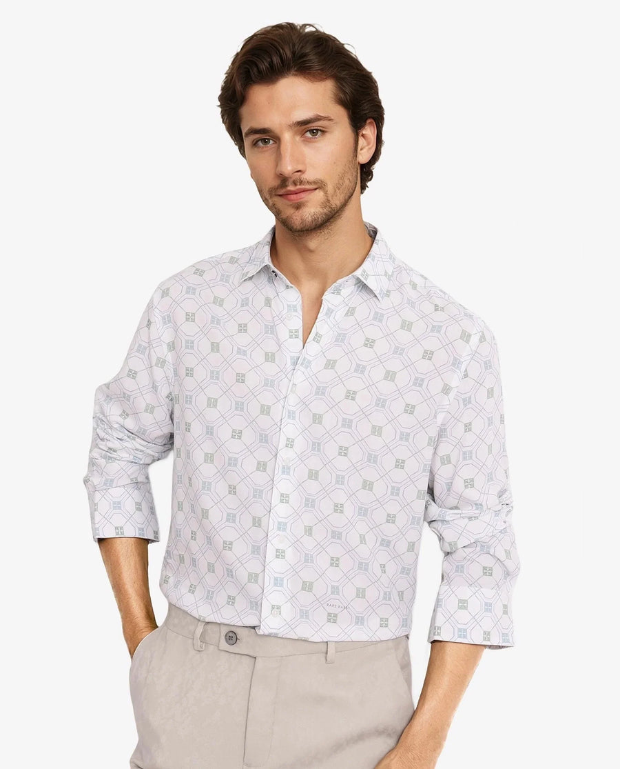 Rare Rabbit Men's Paide White Viscose Geometric Print Regular Fit Full Sleeve Collared Shirt