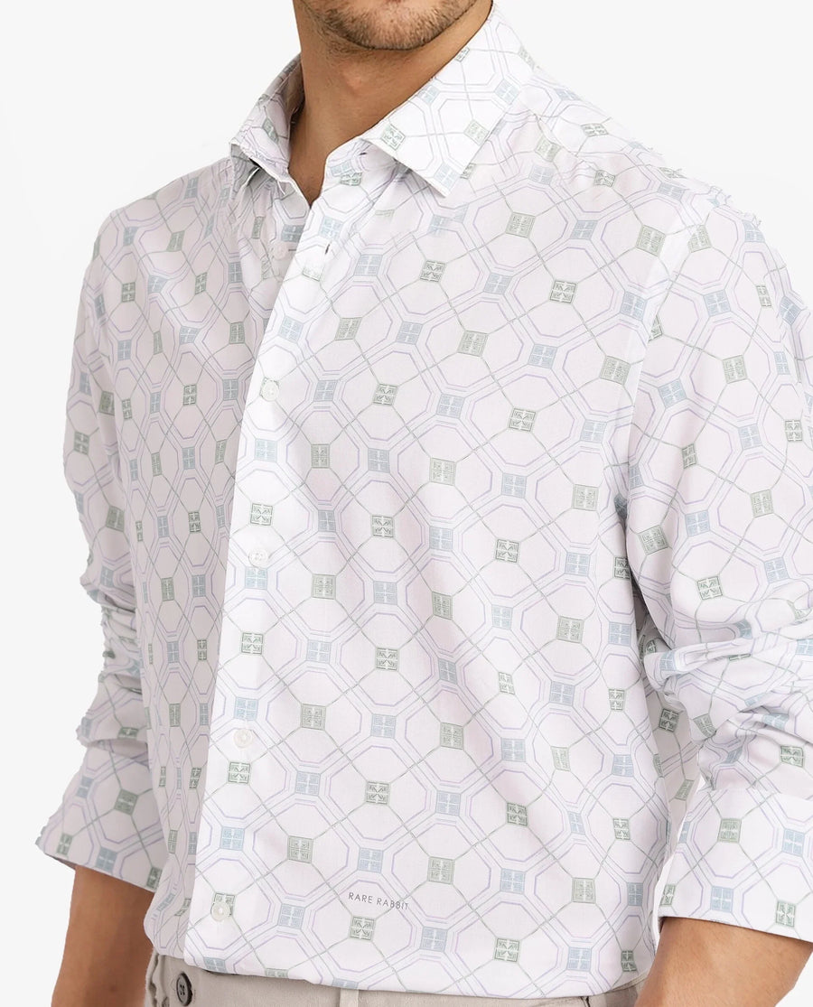 Rare Rabbit Men's Paide White Viscose Geometric Print Regular Fit Full Sleeve Collared Shirt