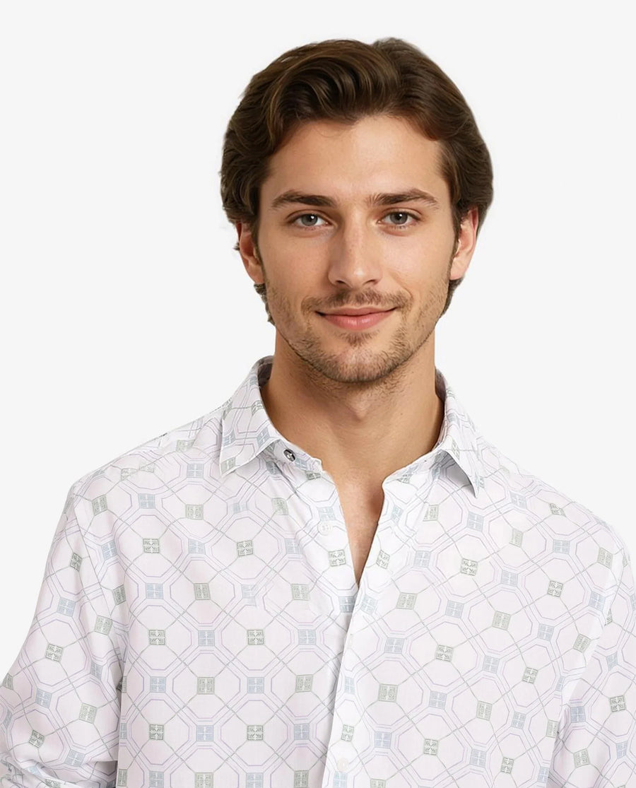 Rare Rabbit Men's Paide White Viscose Geometric Print Regular Fit Full Sleeve Collared Shirt
