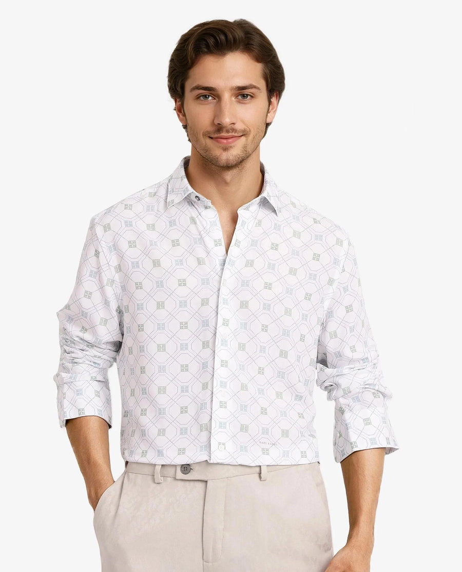 Rare Rabbit Men's Paide White Viscose Geometric Print Regular Fit Full Sleeve Collared Shirt
