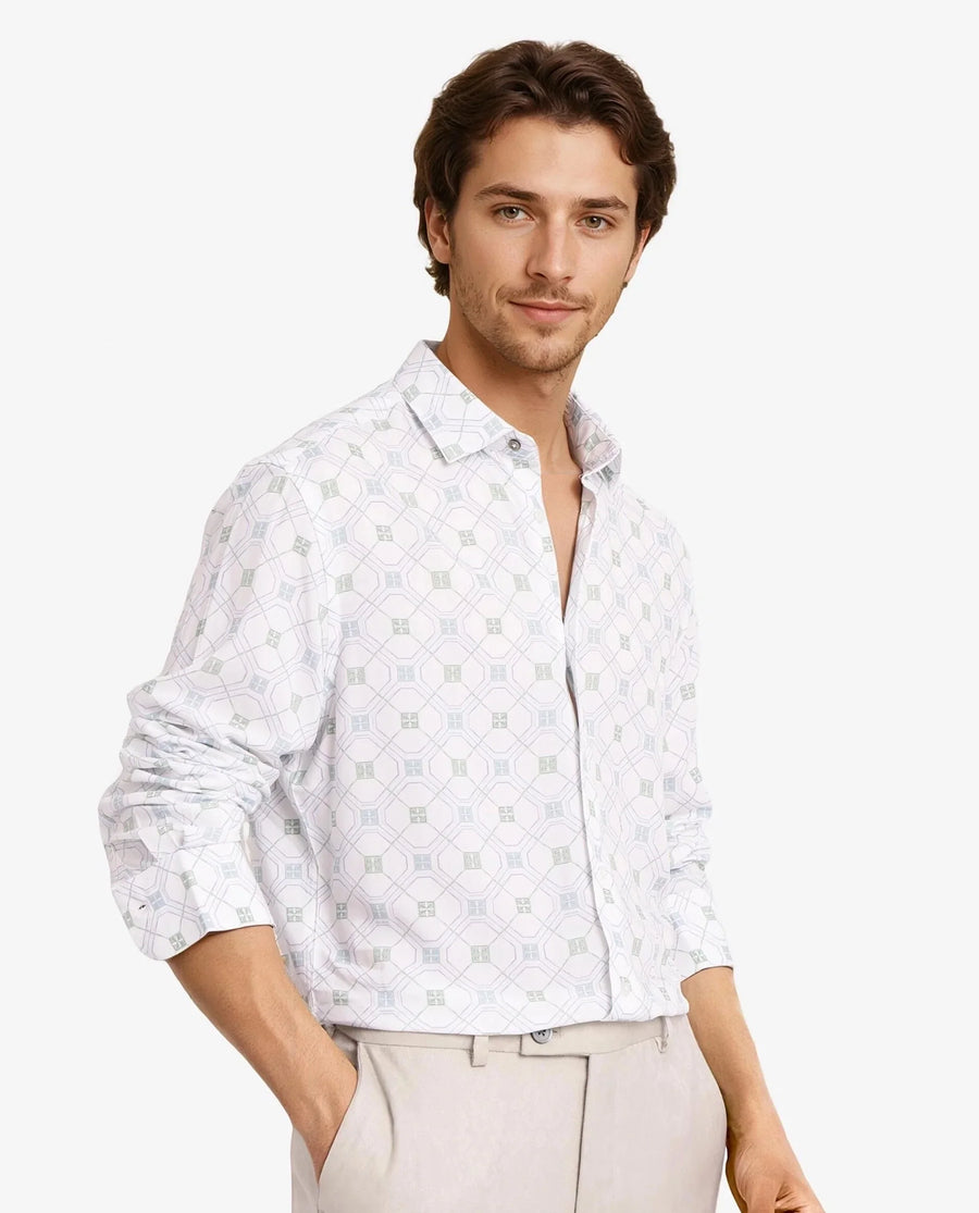 Rare Rabbit Men's Paide White Viscose Geometric Print Regular Fit Full Sleeve Collared Shirt