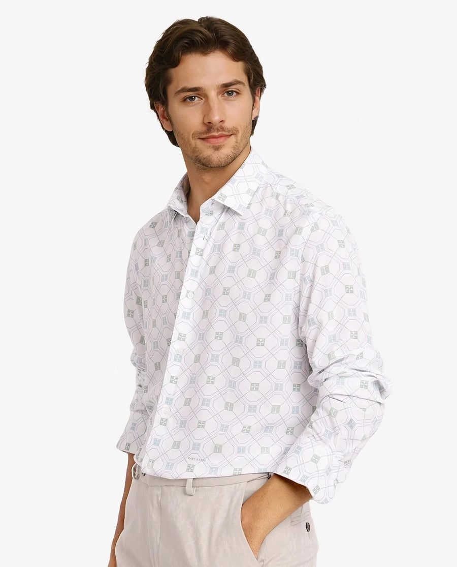 Rare Rabbit Men's Paide White Viscose Geometric Print Regular Fit Full Sleeve Collared Shirt