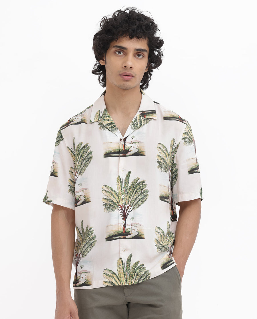 Rare Rabbit Men's Palamo Beige Viscose Tropical Print Boxy Fit Half Sleeve Cuban Collar Shirt