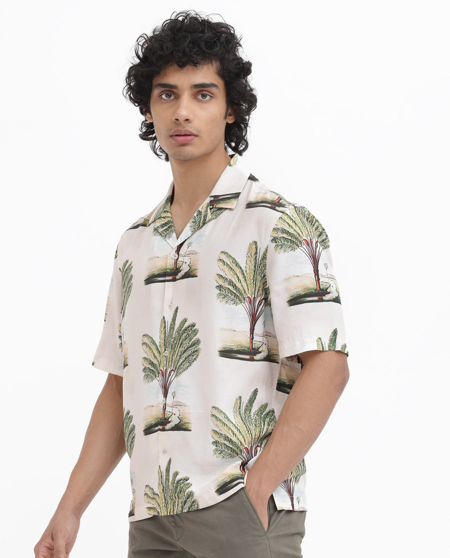Rare Rabbit Men's Palamo Beige Viscose Tropical Print Boxy Fit Half Sleeve Cuban Collar Shirt