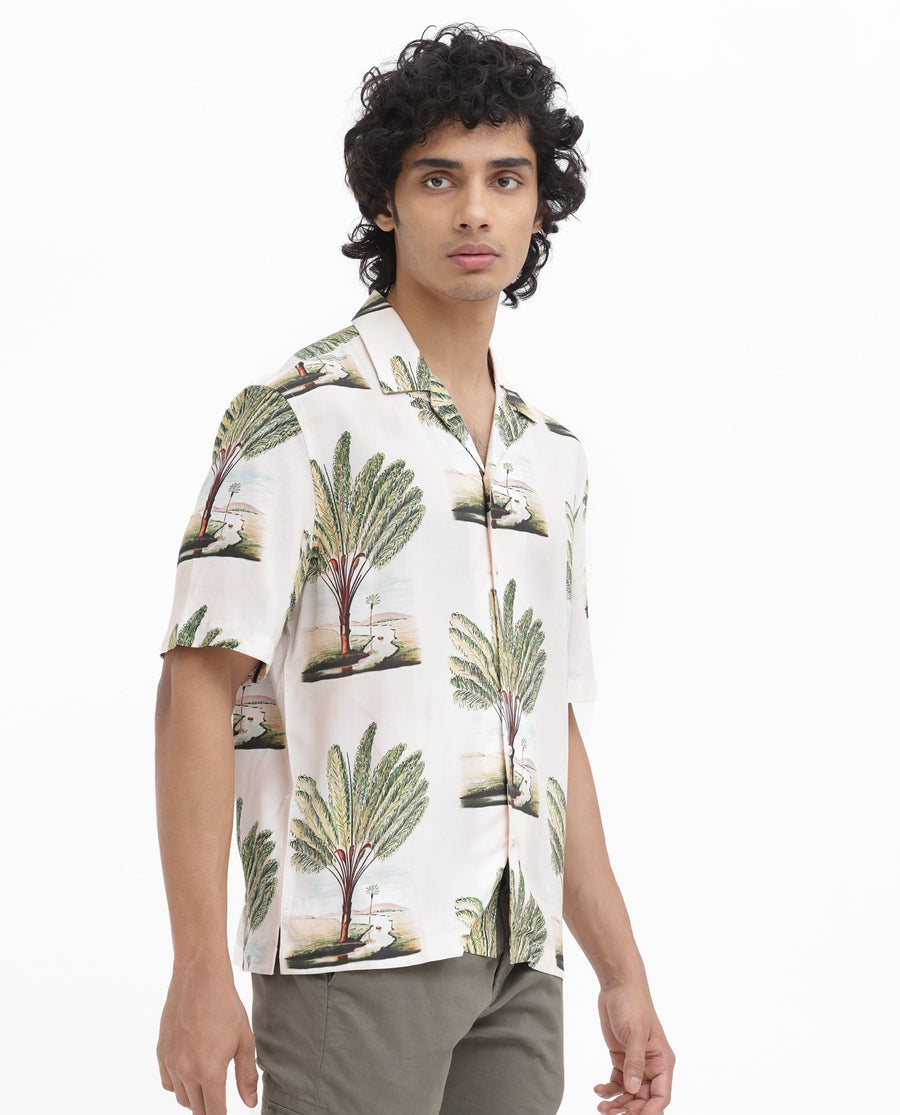 Rare Rabbit Men's Palamo Beige Viscose Tropical Print Boxy Fit Half Sleeve Cuban Collar Shirt
