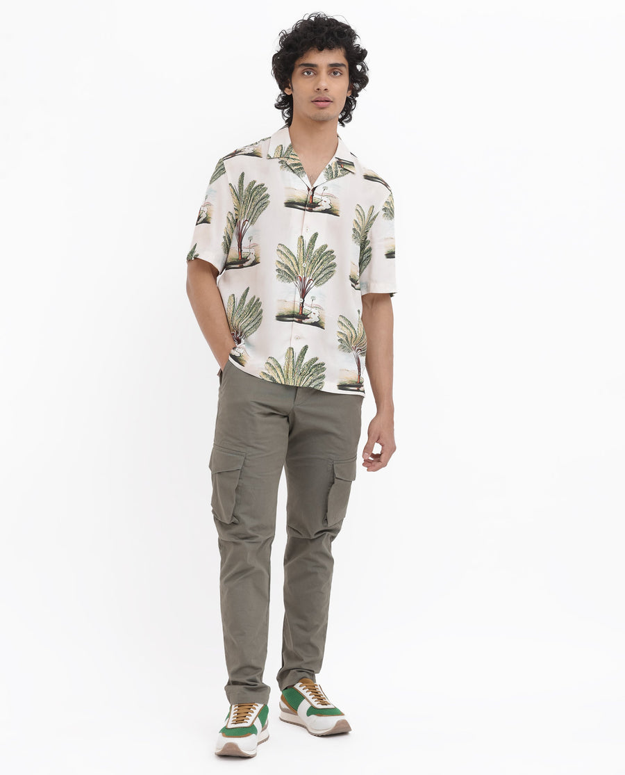 Rare Rabbit Men's Palamo Beige Viscose Tropical Print Boxy Fit Half Sleeve Cuban Collar Shirt