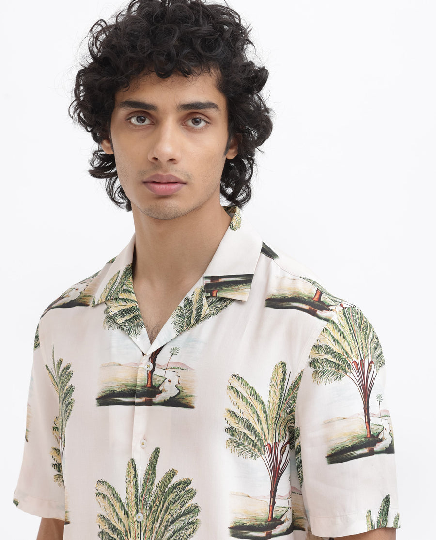 Rare Rabbit Men's Palamo Beige Viscose Tropical Print Boxy Fit Half Sleeve Cuban Collar Shirt