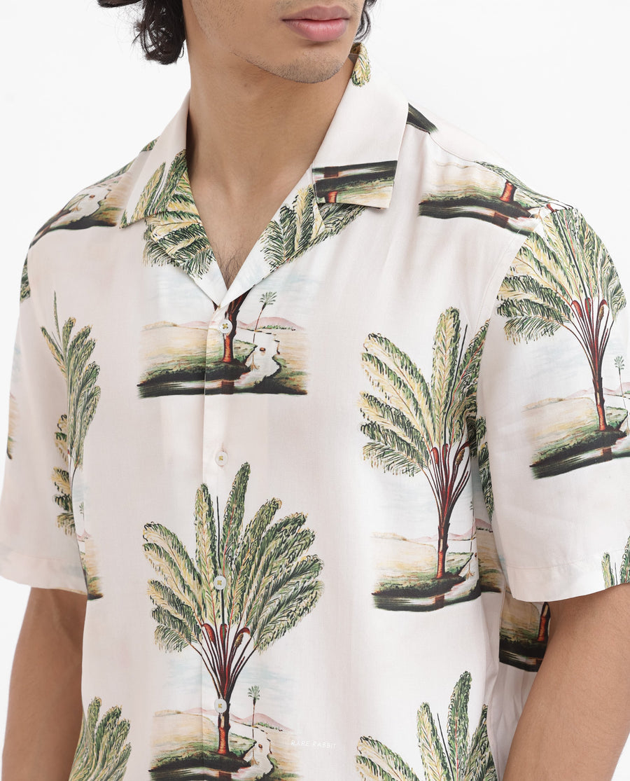 Rare Rabbit Men's Palamo Beige Viscose Tropical Print Boxy Fit Half Sleeve Cuban Collar Shirt