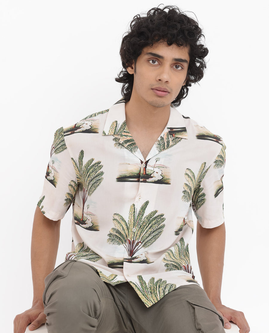 Rare Rabbit Men's Palamo Beige Viscose Tropical Print Boxy Fit Half Sleeve Cuban Collar Shirt
