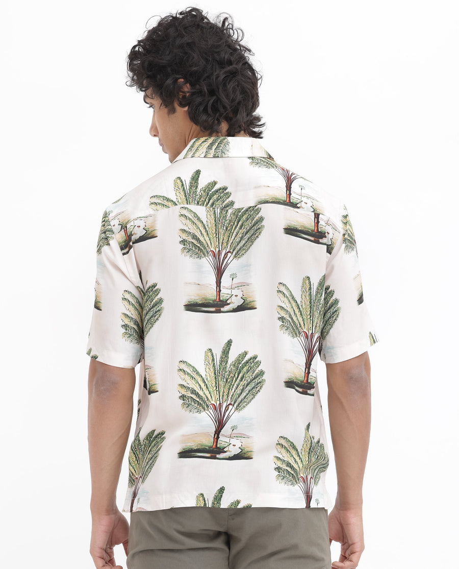 Rare Rabbit Men's Palamo Beige Viscose Tropical Print Boxy Fit Half Sleeve Cuban Collar Shirt