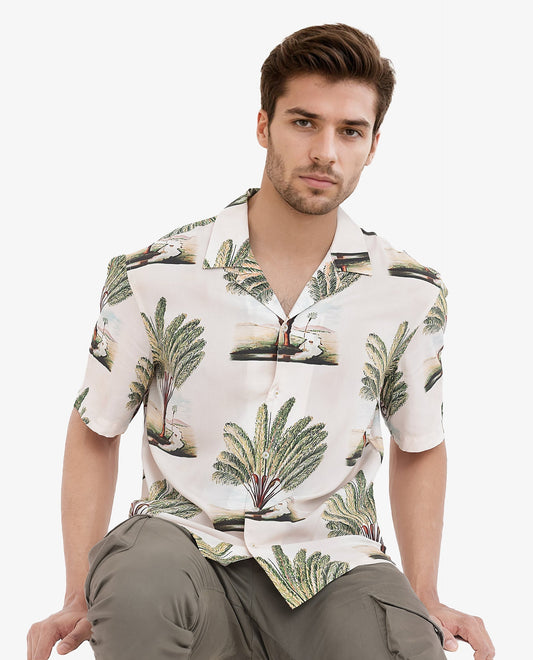 Rare Rabbit Men's Palamo Beige Viscose Tropical Print Boxy Fit Half Sleeve Cuban Collar Shirt