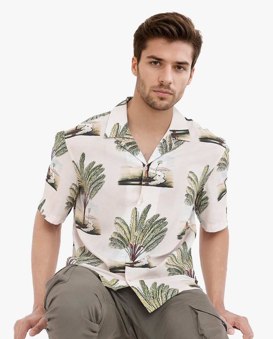 Rare Rabbit Men's Palamo Beige Viscose Tropical Print Boxy Fit Half Sleeve Cuban Collar Shirt