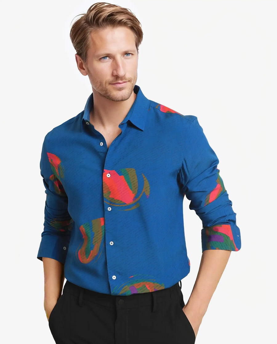 Rare Rabbit Men's Palme Blue Viscose Abstract Print Regular Fit Full Sleeve Collared Shirt