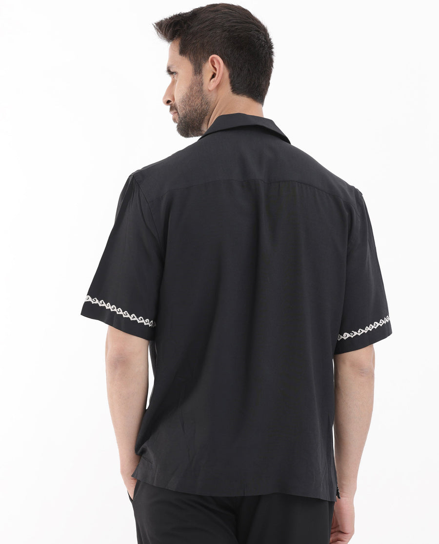 Rare Rabbit Men's Palms Black Viscose Tropical Print Boxy Fit Half Sleeve Cuban Collar Shirt