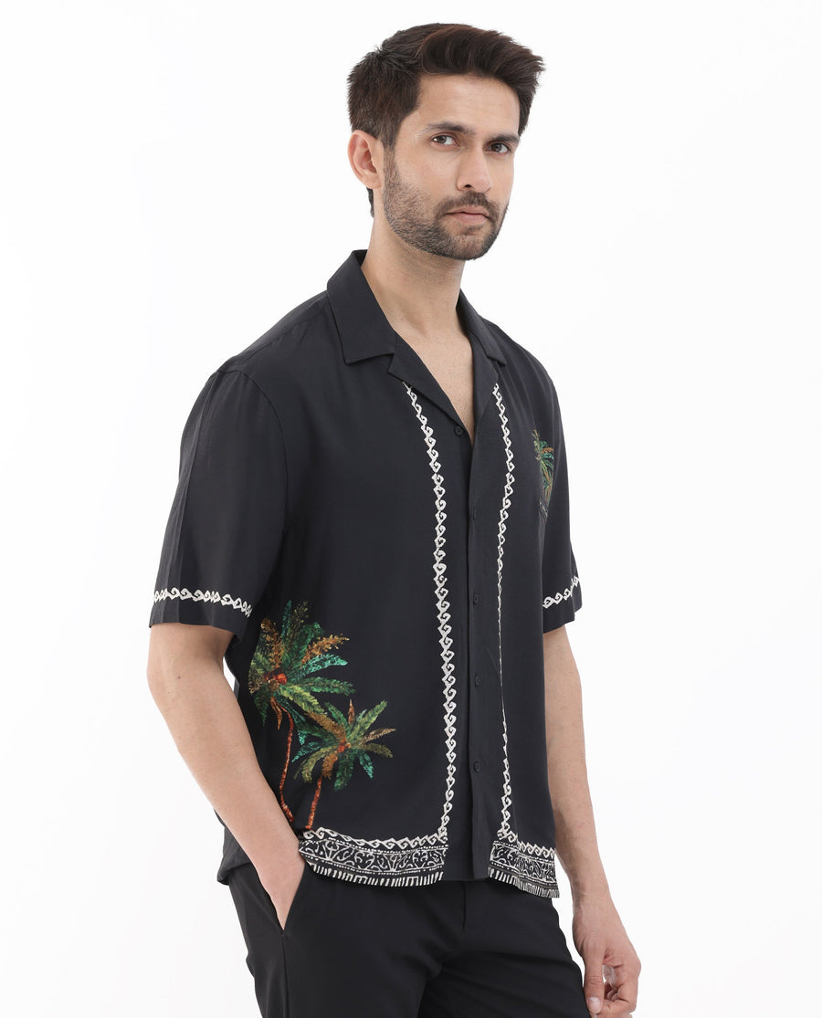 Rare Rabbit Men's Palms Black Viscose Tropical Print Boxy Fit Half Sleeve Cuban Collar Shirt