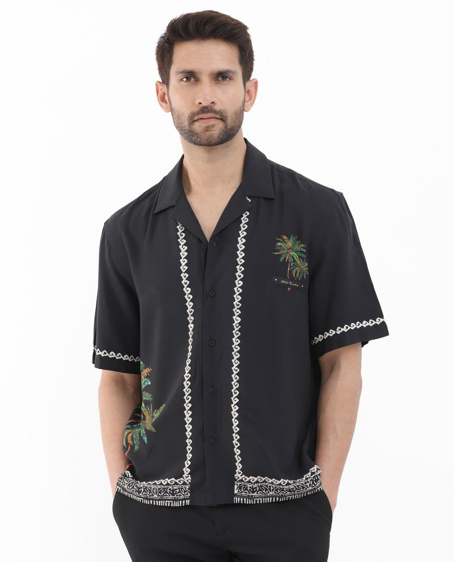 Rare Rabbit Men's Palms Black Viscose Tropical Print Boxy Fit Half Sleeve Cuban Collar Shirt