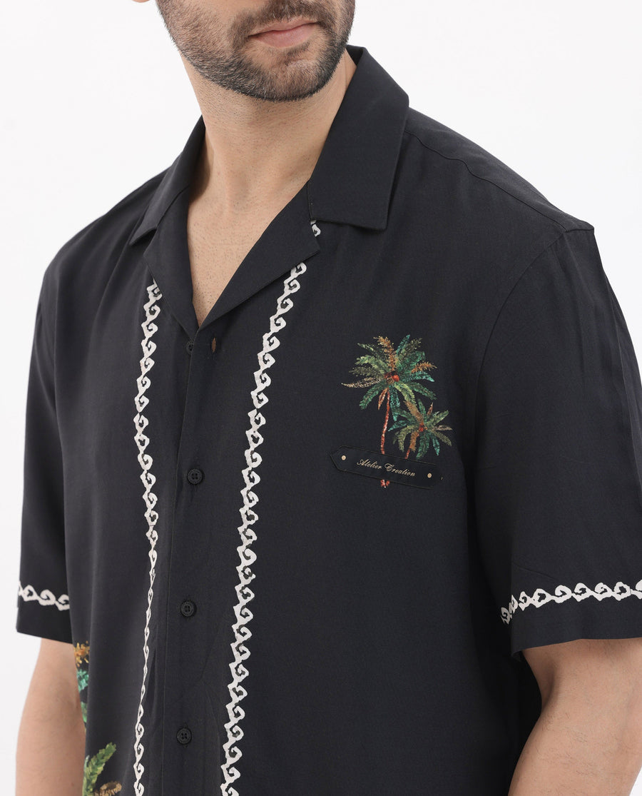 Rare Rabbit Men's Palms Black Viscose Tropical Print Boxy Fit Half Sleeve Cuban Collar Shirt
