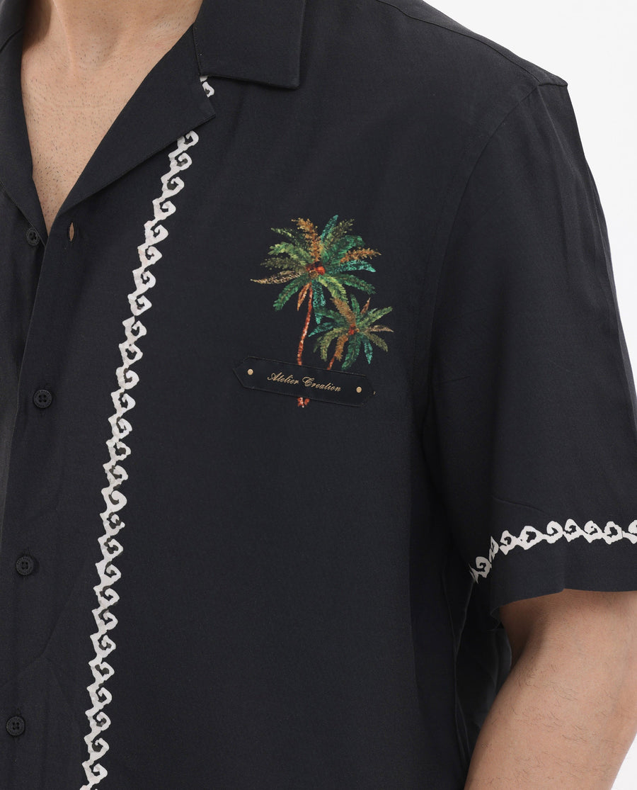 Rare Rabbit Men's Palms Black Viscose Tropical Print Boxy Fit Half Sleeve Cuban Collar Shirt