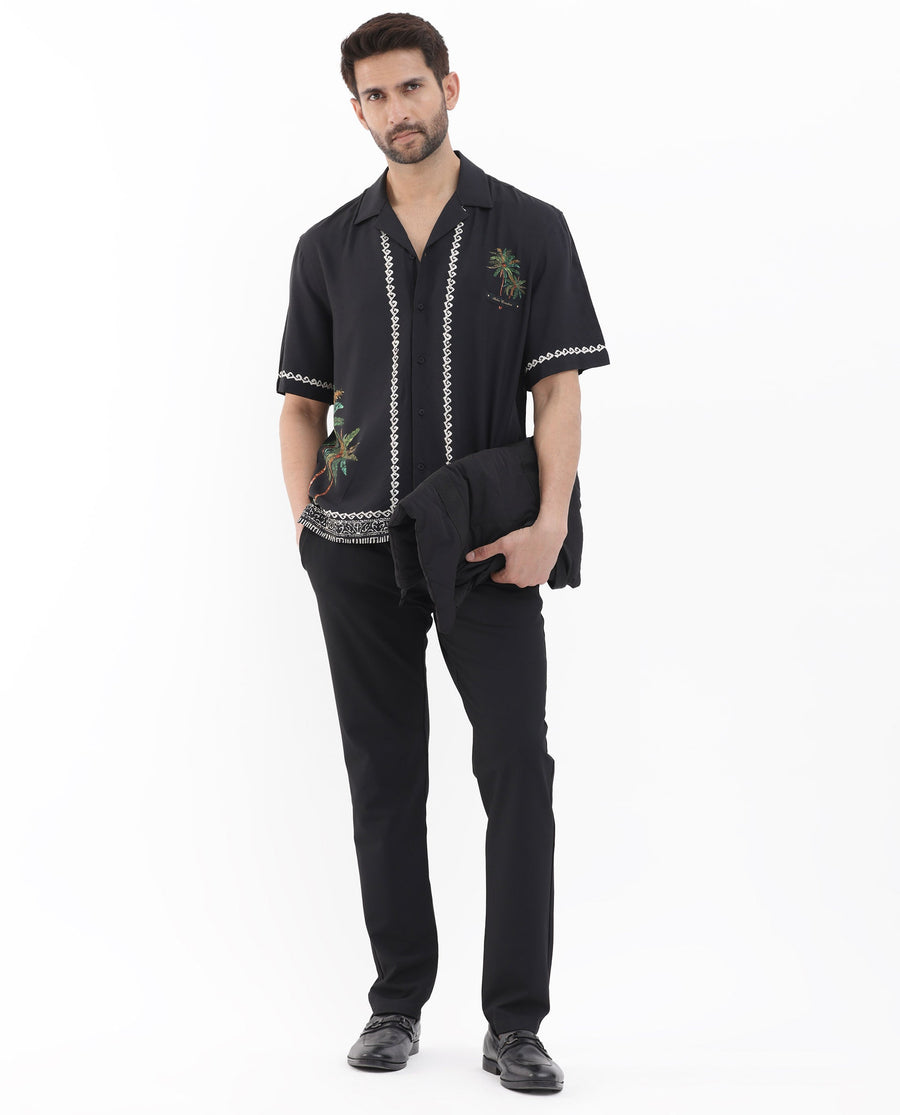 Rare Rabbit Men's Palms Black Viscose Tropical Print Boxy Fit Half Sleeve Cuban Collar Shirt