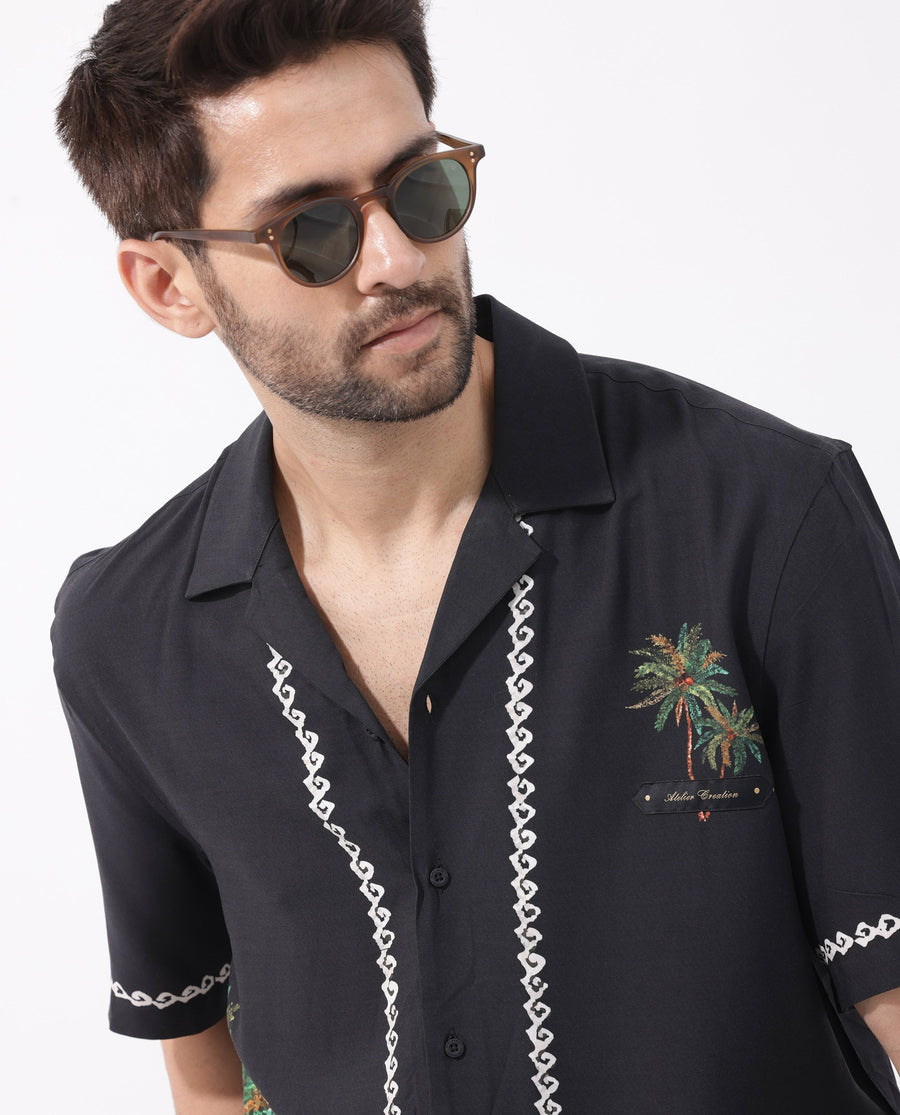 Rare Rabbit Men's Palms Black Viscose Tropical Print Boxy Fit Half Sleeve Cuban Collar Shirt