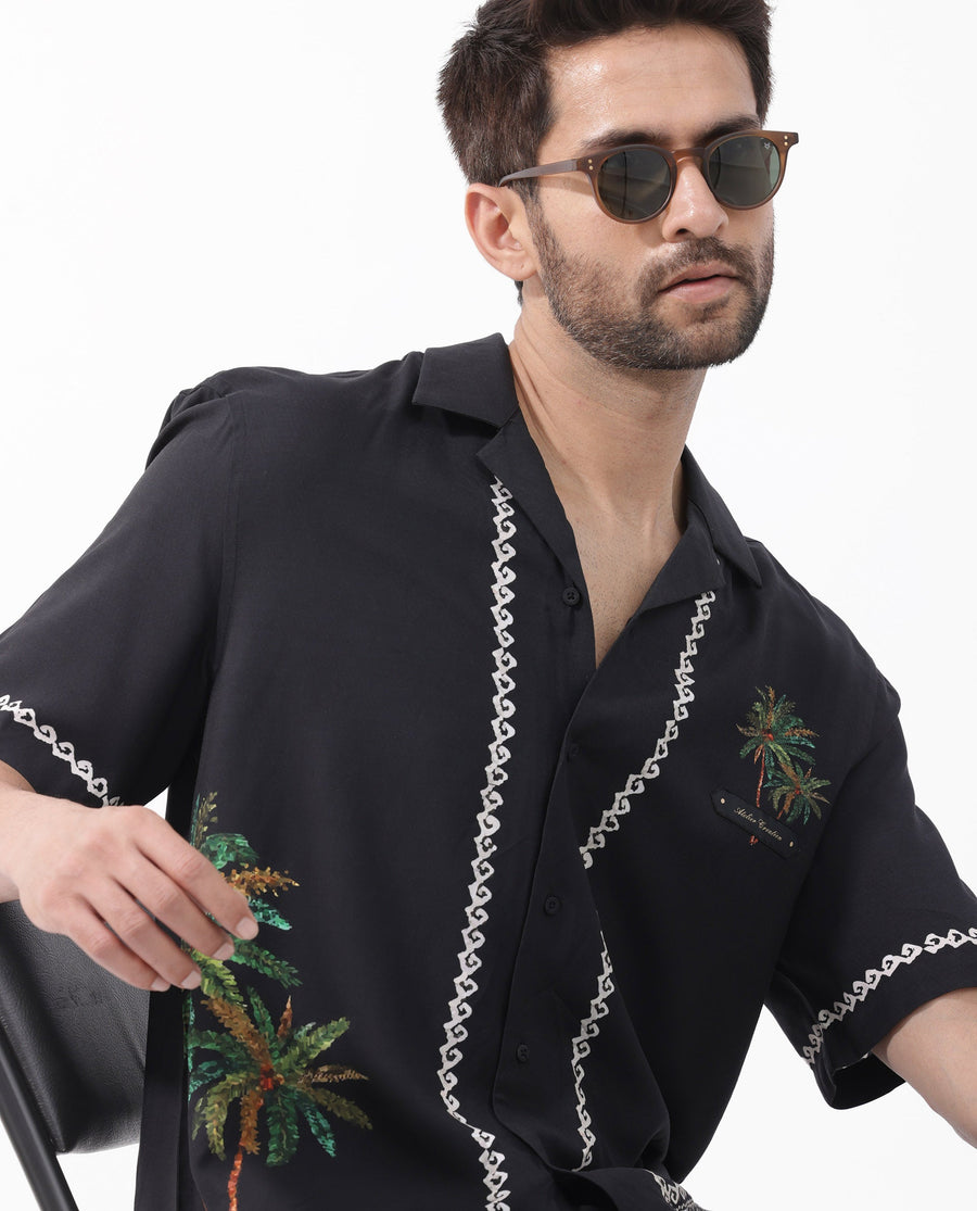Rare Rabbit Men's Palms Black Viscose Tropical Print Boxy Fit Half Sleeve Cuban Collar Shirt