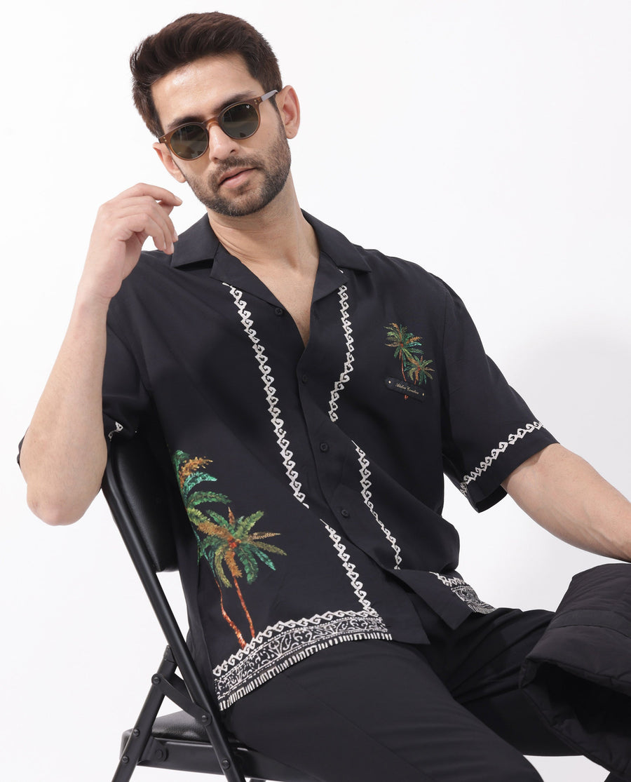 Rare Rabbit Men's Palms Black Viscose Tropical Print Boxy Fit Half Sleeve Cuban Collar Shirt