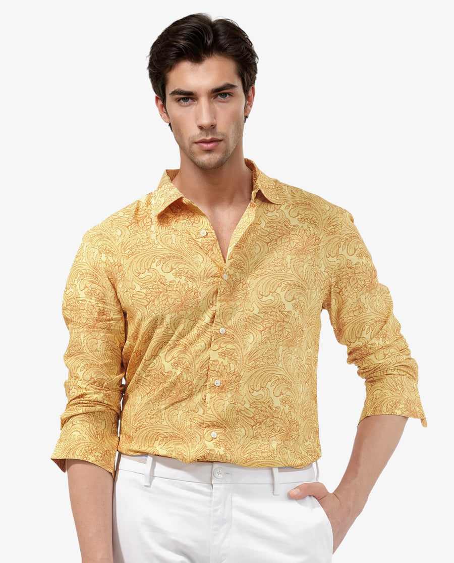 Rare Rabbit Men's Pamat Yellow Viscose Paisley Print Regular Fit Full Sleeve Collared Shirt