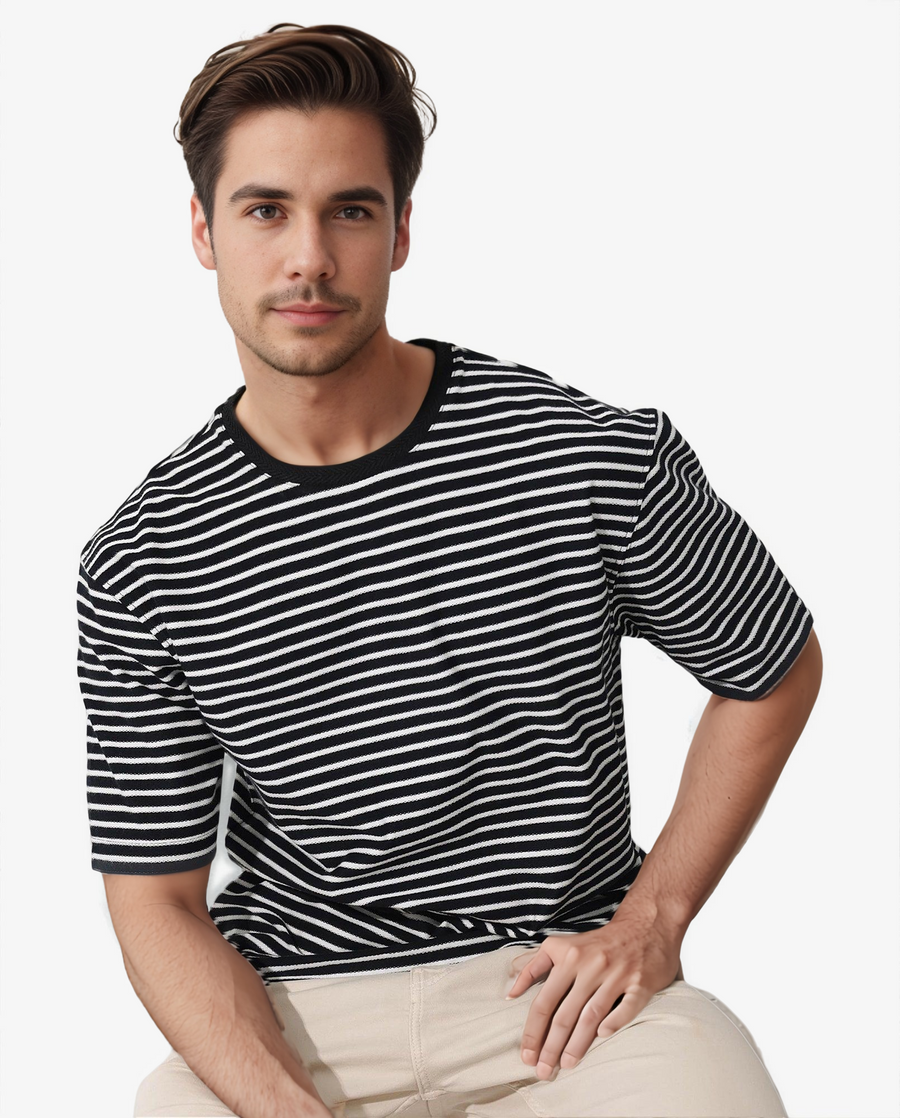 Rare Rabbit Men's Paskot Navy Cotton Striped Print Oversized Fit Half Sleeve Crew Neck T-Shirt