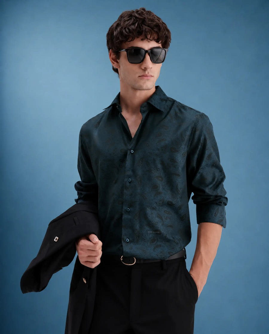 Rare Rabbit Men's Paso Blue Polyester Blend Fabric Spread Collar Regular Fit Paisley Print Shirt