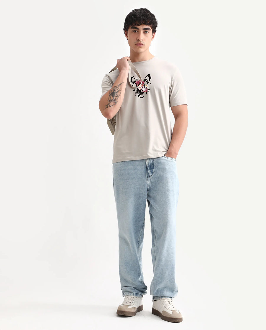 Rare Rabbit Men's Pazo Light Grey Cotton Blend Graphic Print Regular Fit Half Sleeve Crew Neck T-Shirt