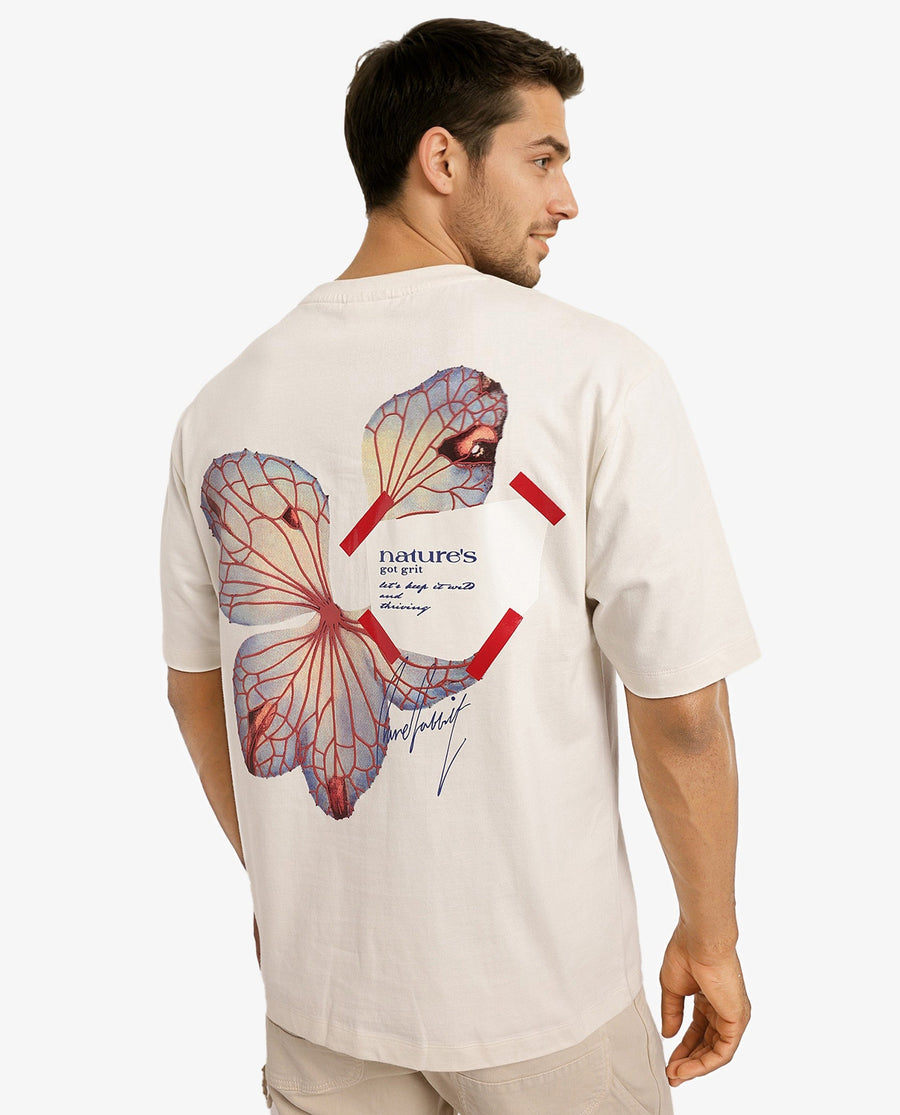 Rare Rabbit Men's Peta Off White Cotton Floral Print Oversized Fit Half Sleeve Crew Neck T-Shirt