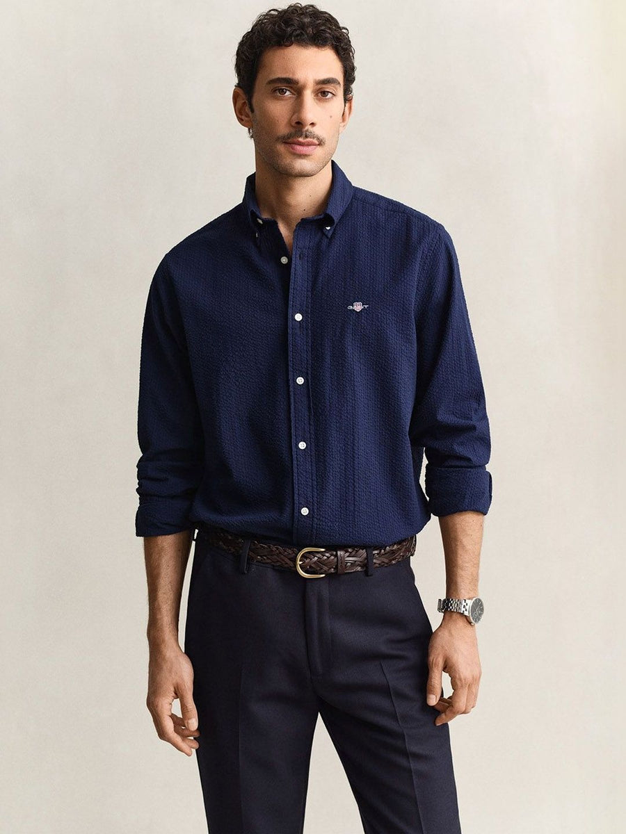Gant Men Navy Blue Solid Regular Fit Pure Cotton Shirt
