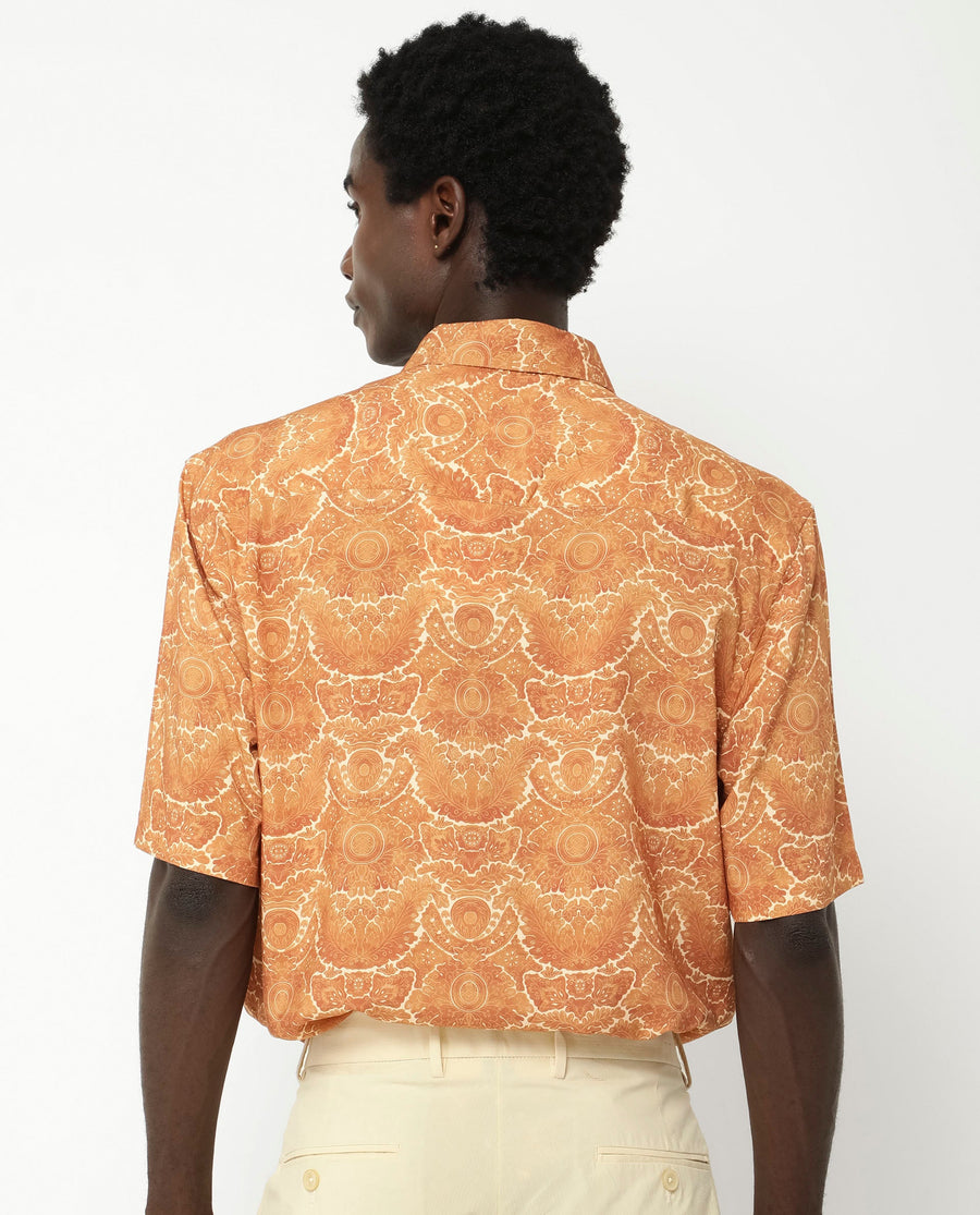 Rare Rabbit Men's Picano Mustard Viscose Floral Print Boxy Fit Half Sleeve Collared Shirt