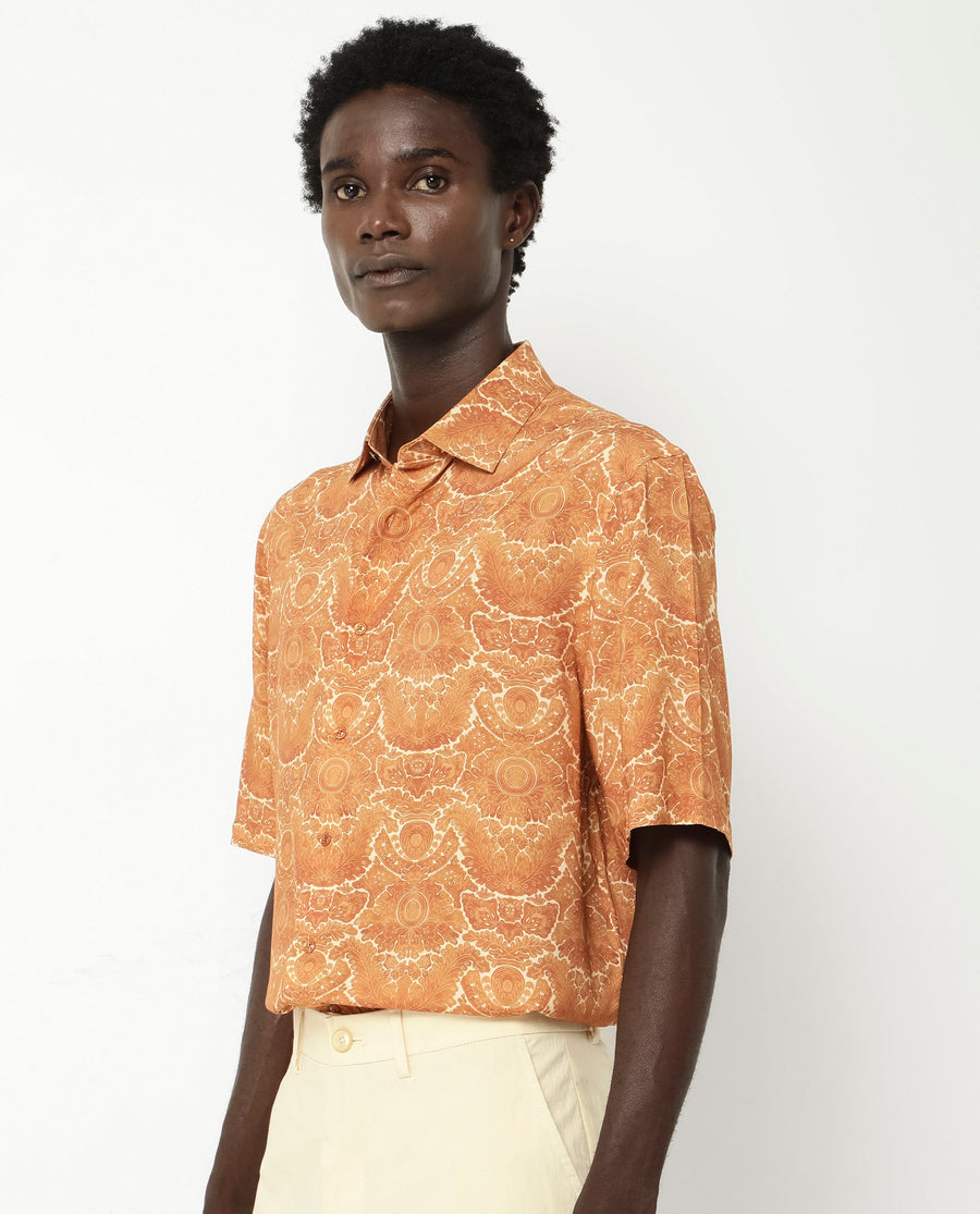 Rare Rabbit Men's Picano Mustard Viscose Floral Print Boxy Fit Half Sleeve Collared Shirt