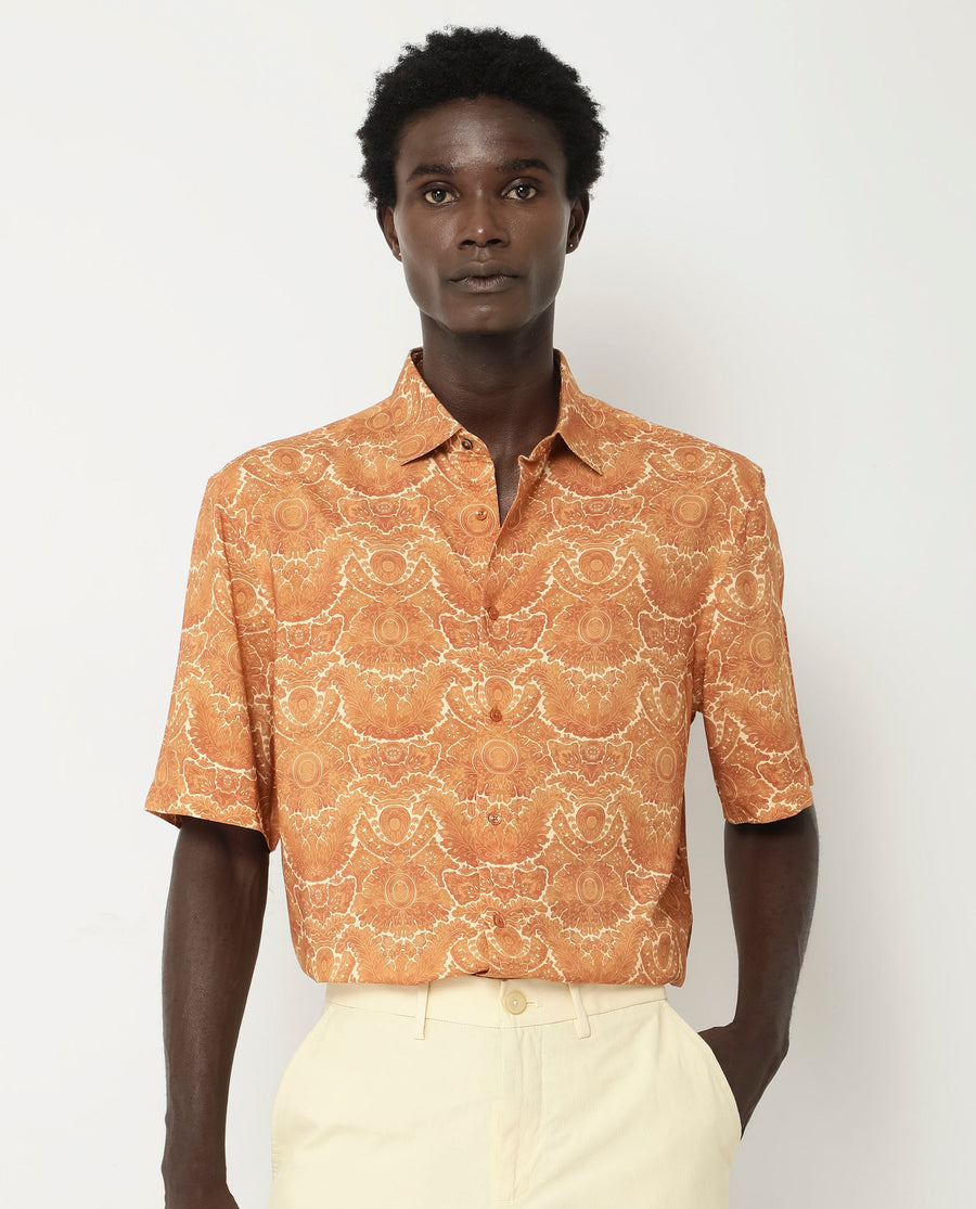 Rare Rabbit Men's Picano Mustard Viscose Floral Print Boxy Fit Half Sleeve Collared Shirt