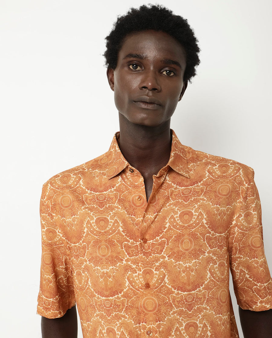Rare Rabbit Men's Picano Mustard Viscose Floral Print Boxy Fit Half Sleeve Collared Shirt